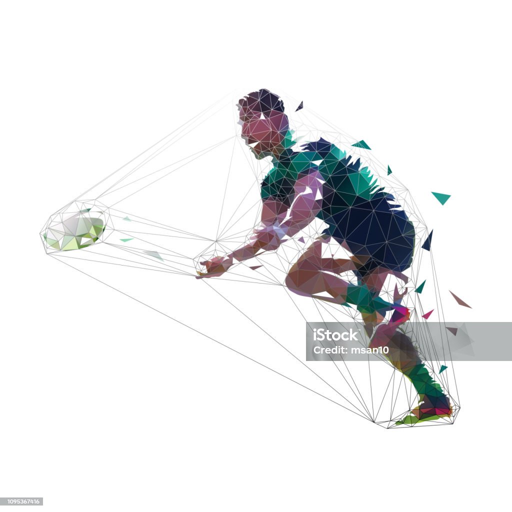 Jugador de rugby lanzando bolas, ilustración vectorial poligonal bajo. Deporte de equipo - arte vectorial de Rugby - Deporte libre de derechos