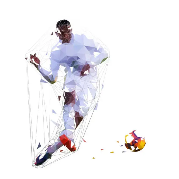 Vector illustration of Soccer player kicking ball, low polygonal vector illustration. Football player