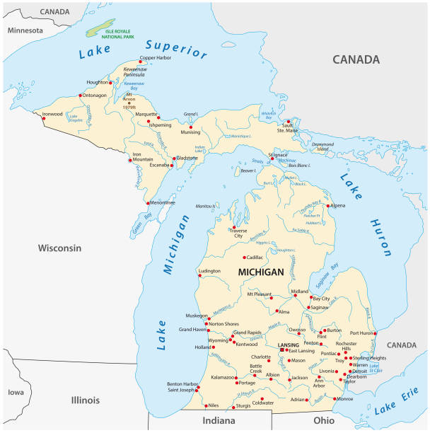 ilustraciones, imágenes clip art, dibujos animados e iconos de stock de mapa del vector de los e.e.u.u. estado de michigan - michigan