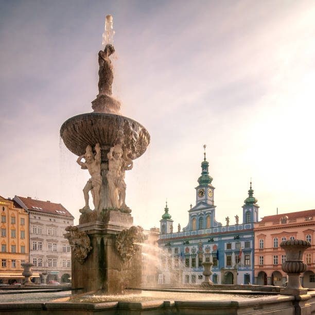 The fountain in the central square of the city. The Samson fountain in the central square of the city Ceske Budejovice. Largest baroque fountain in the Czech Republic, Europe cesky budejovice stock pictures, royalty-free photos & images