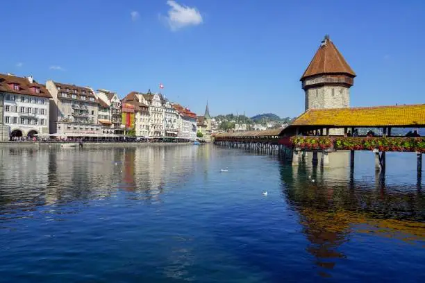 Chapel Bridge and Water Tower in the Old Town of Lucerne, Switzerland