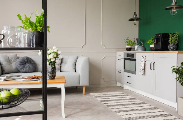 istock Empty green wall with copy space in elegant kitchen with white furniture,plants and coffee machine in stylish small apartment with grey couch 1095377772