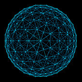 istock Structure of sphere with network connection lines and dots isolated on black background in futuristic digital computer technology concept, 3d abstract illustration 1095378182