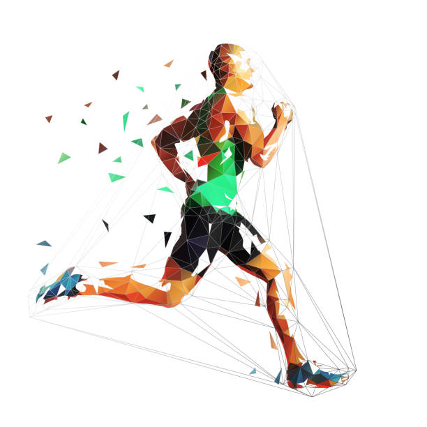 ilustraciones, imágenes clip art, dibujos animados e iconos de stock de hombre corriente, ilustración vectorial geométrica poligonal bajo. plazo, atleta sprinting - atletismo en pista masculino