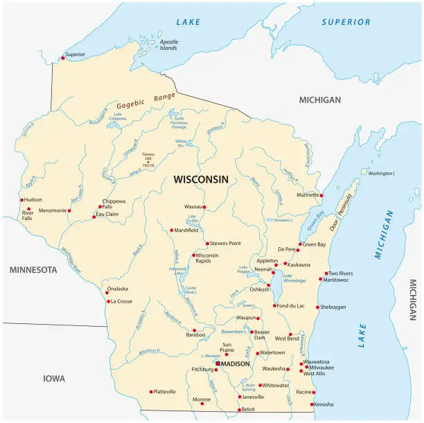 Vector illustration of Vector Map of the U.S. state of Wisconsin