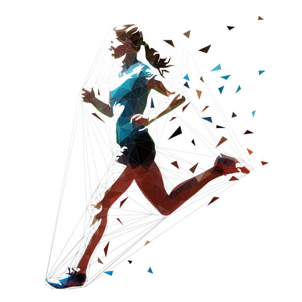 laufende frau, niedrige polygonale athletin. isolierte vektordarstellung, seitenansicht - running jogging women marathon stock-grafiken, -clipart, -cartoons und -symbole