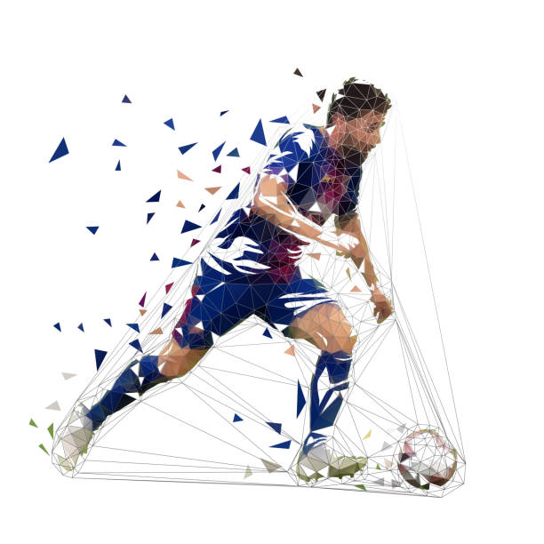 top, soyut düşük poli vektör çizim ile çalışan karanlık mavi jersey futbolcu. futbol oyuncu tekme topu. i̇zole geometrik renkli resimde, yan görünüm - soccer player stock illustrations