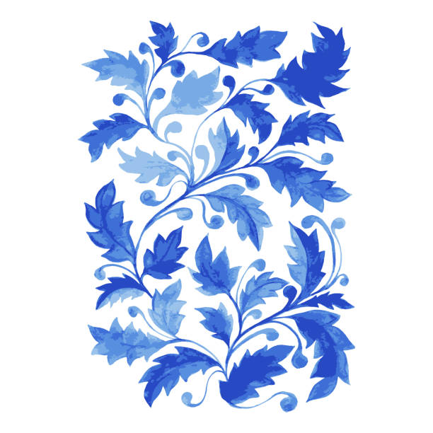 Blue Azulejo Poster, Vertical Vector Artwork with Watercolor Leaves, Curls and Foliage. vector art illustration