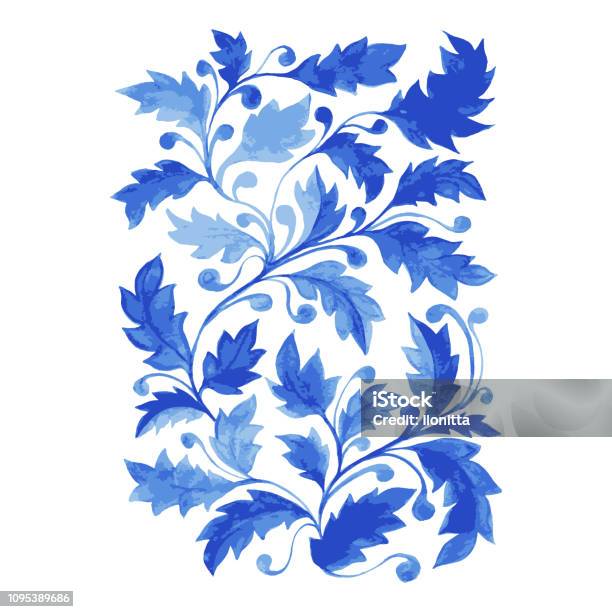 Blue Azulejo Poster Vertical Vector Artwork With Watercolor Leaves Curls And Foliage Stock Illustration - Download Image Now