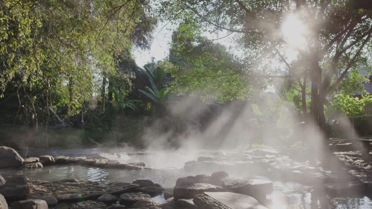 4k, Stream Hot spring water in forest