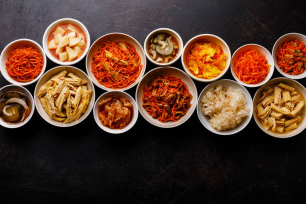 Korean food Pickled vegetables and Hot salads on dark background copy space Korean food Pickled vegetables and Hot salads on dark background copy space side dish stock pictures, royalty-free photos & images