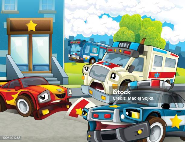 Cartoon Scene With Police Chase Motorcycle Car And Bus Driving Through The  City Policeman Near Police Station And Ambulance Stock Illustration -  Download Image Now - iStock
