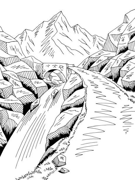 Vector illustration of Mountain road bridge graphic black white river waterfall landscape sketch illustration vector