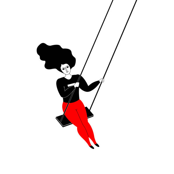 istock Young woman with long black hair swinging on a swing on a white background. 1095405830