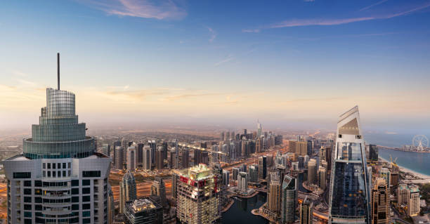 istock Dubai sunset panoramic view of marina downtown 1095408876