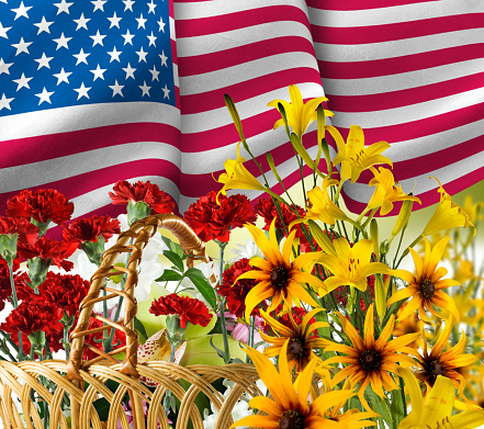 image of American flag and flowers close-up