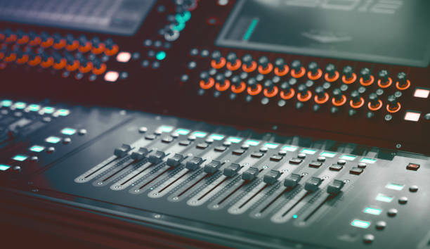istock Light and Sound control mixer for Event on stage. Professional backstage device equipment. Professional sound and audio mixer control panel with buttons and sliders. 1095414488