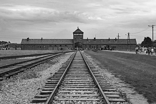Oswiecim, Poland - July 11th 2018.  The main gate and guard tower Birkenau-Auschwitz II