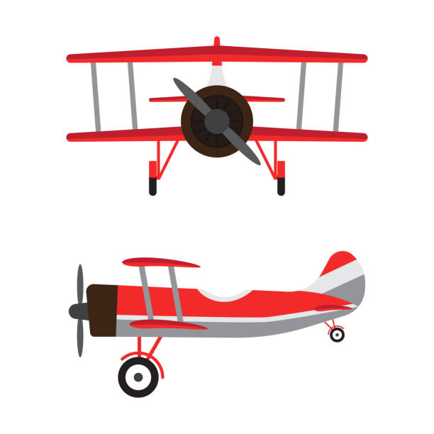 빈티지 비행기 또는 복고풍 항공기 모델 흰색 배경에 고립 된 만화 - airplane banner biplane retro revival stock illustrations
