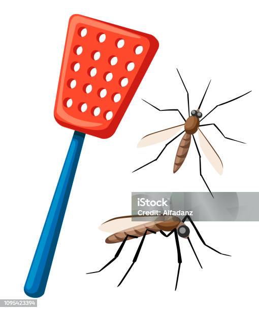 Fly Swatter With Mosquitos Tool For Destruction Of Insects At Home Red Swatter With Blue Handle Flat Vector Illustration Isolated On White Background Stock Illustration - Download Image Now