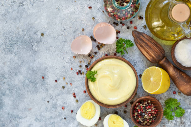 istock Mayonnaise is a classic homemade salad dressing. Top view. 1095425338