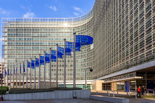 Brussels, Belgium - July 30, 2014: Row of EU Flags in front of the European Union Commission building in Brussels.