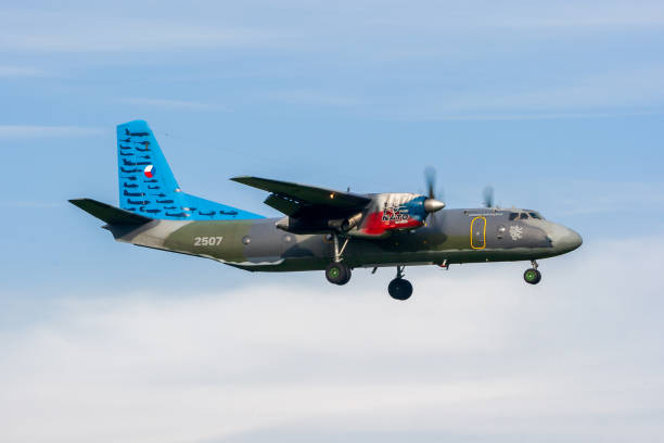 Czech Air Force Antonov An-26 transport plane Volkel, The Netherlands - Oct 4, 2010: Czech Air Force Antonov An-26 transport plane on final approach. antonov an 26 stock pictures, royalty-free photos & images
