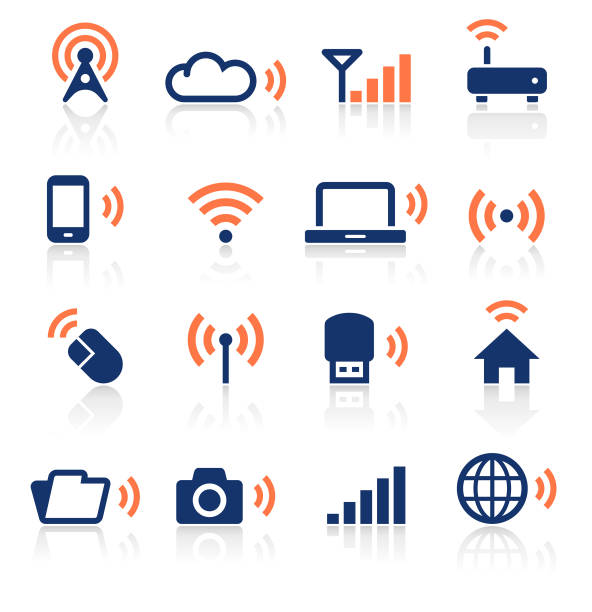 wireless-technologie zwei farbe icons set - rundfunk stock-grafiken, -clipart, -cartoons und -symbole