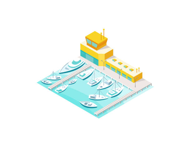 illustrations, cliparts, dessins animés et icônes de port des bateaux de mer et jetée d’yacht. - isometric nautical vessel yacht sailboat