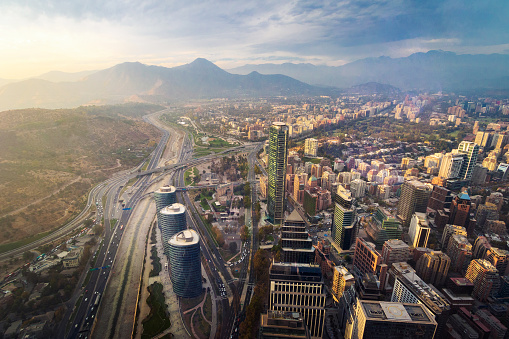 Vista aérea del distrito financiero de Santiago también conocido como Sanhattan - Santiago, Chile photo