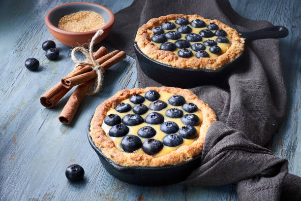 istock Delicious Blueberry tartlets with vanilla custard cream on light rustic background 1095446728