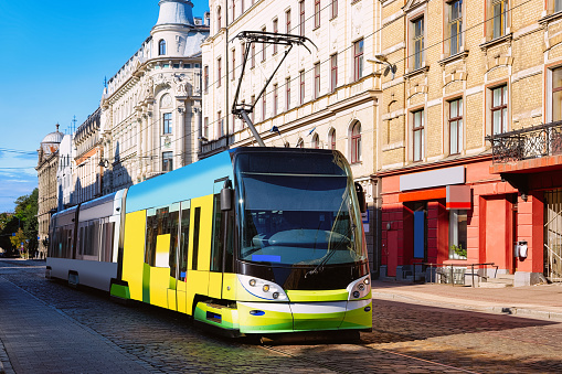 Tram in street of Riga in Latvia