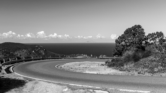 Black and white landscape with a road rage. Giglio Island (Isola del Giglio), Tuscany, Italy