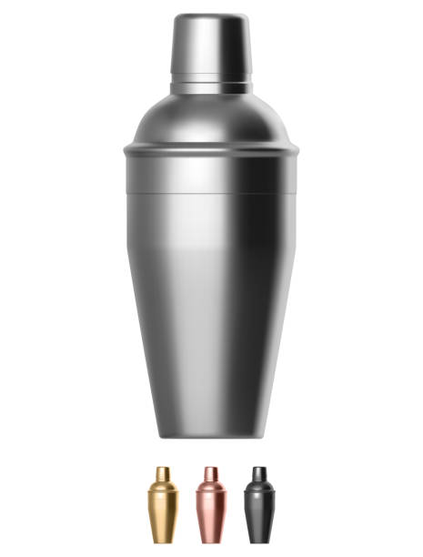 Metal cocktail shaker RGB vector illustration, Illustrator 8 EPS - created with gradient mesh, 3D model with studio lighting and pathtracing render used for reference cocktail shaker stock illustrations