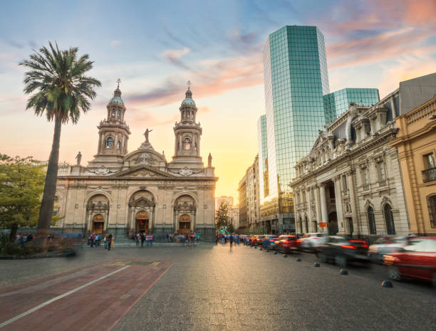 Plaza de Armas Square and Santiago Metropolitan Cathedral at sunset - Santiago, Chile stock photo