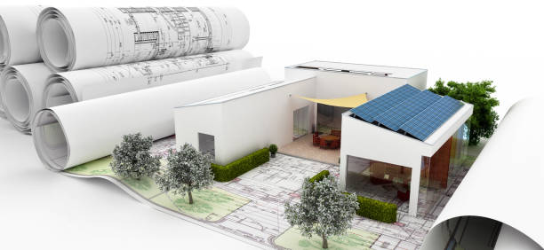 maison construction projet vi (panoramique) - illustration 3d - house attic desing residential structure photos et images de collection