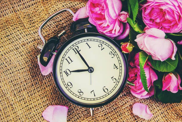 istock Alarm clock 10 hours. Flowers. Selective focus. 1095457944