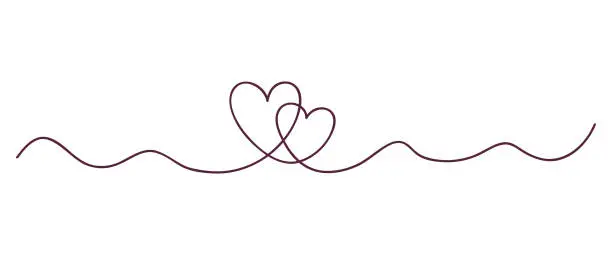 Vector illustration of Continuous line art drawing. Couple of hearts symbolize love. Abstract hearts woman and man. Vector illustration