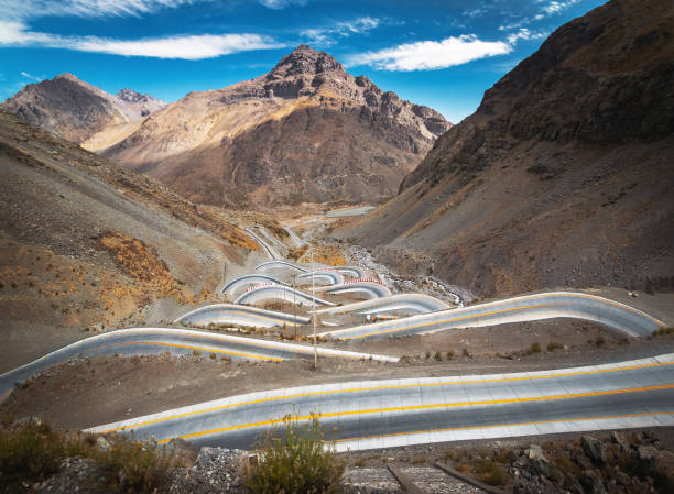 Serpentine road at Andes Mountain between Santiago de Chile and Mendoza, Argentina Serpentine road at Andes Mountain between Santiago de Chile and Mendoza, Argentina andes photos stock pictures, royalty-free photos & images