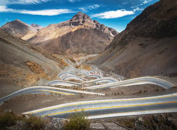 Serpentine road at Andes Mountain between Santiago de Chile and Mendoza, Argentina