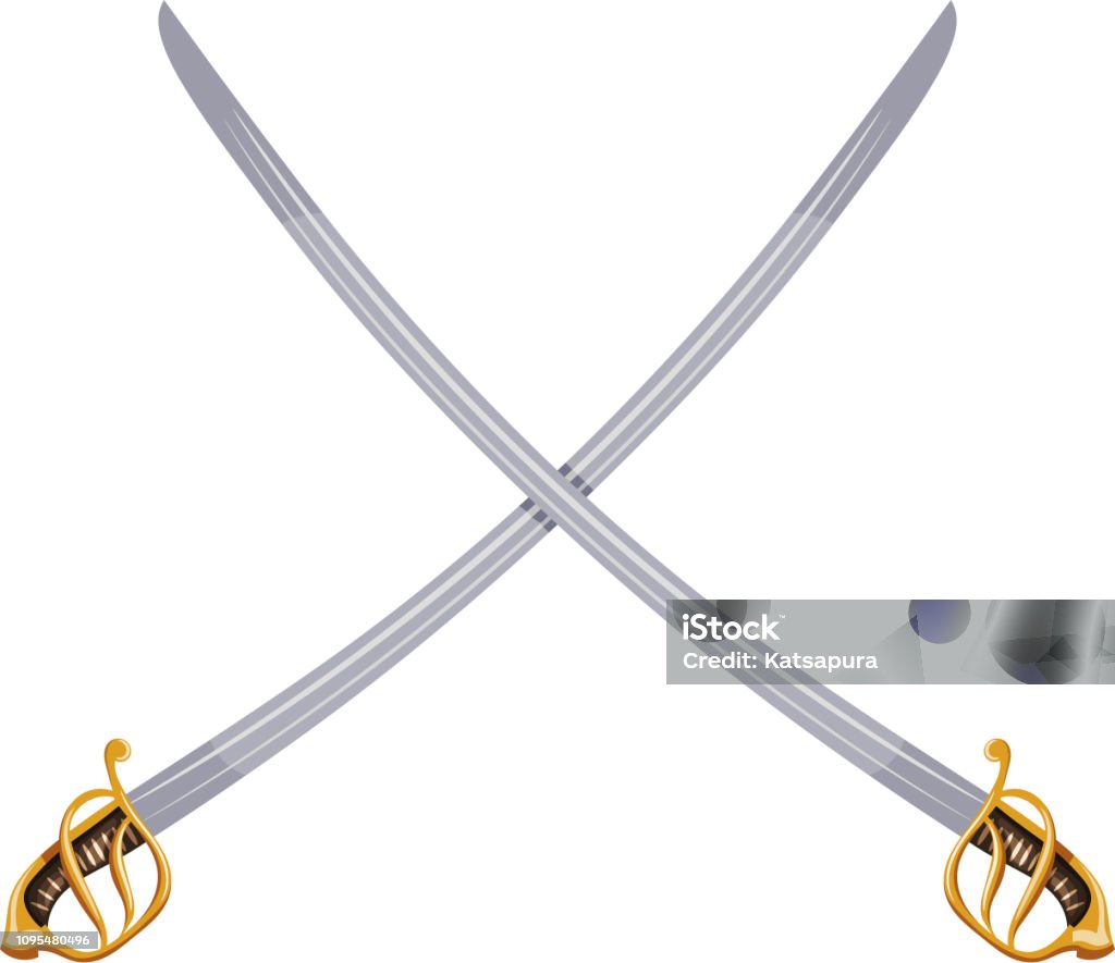 Imagem de cor de dois sabres antigos cruzados sobre um fundo branco. Ilustração em vetor de espadas retrô - Vetor de Adaga royalty-free