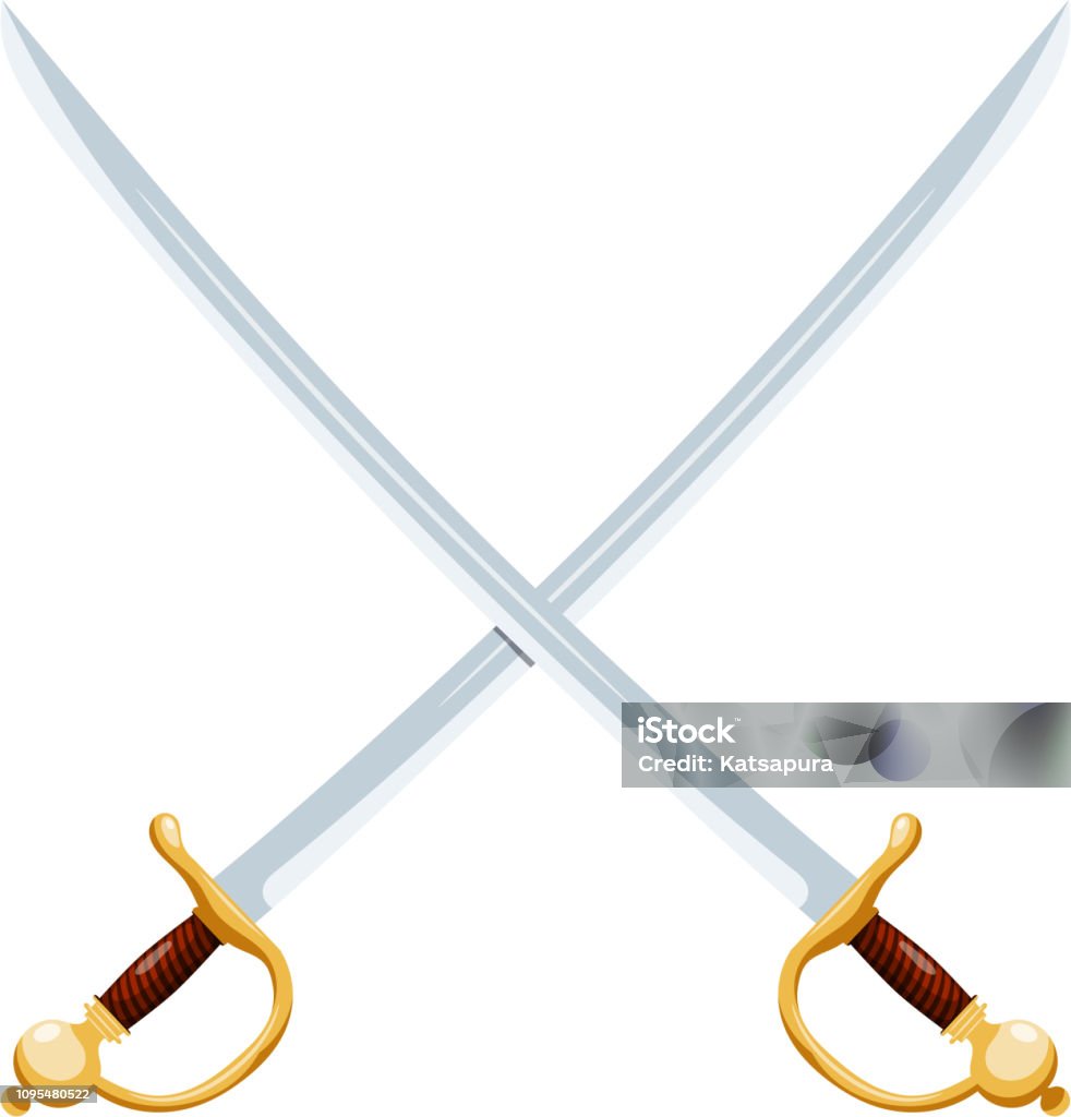 Imagem de cor de dois sabres antigos cruzados sobre um fundo branco. Ilustração em vetor de espadas retrô - Vetor de Adaga royalty-free