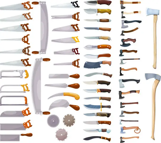 Vector illustration of Large colored collection of a home working tool on a white background. Vector illustration of a set of axes, knives and saws