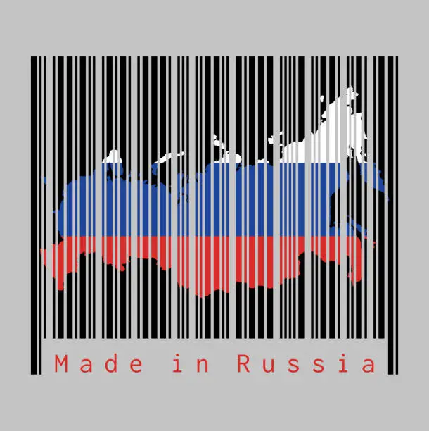 Vector illustration of Barcode set the shape to Russia map outline and the color of Russia flag on black barcode with grey background.