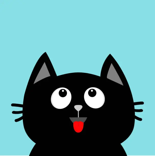 Vector illustration of Black cat head looking up. Red tongue. Surprised emotion. Cute cartoon character. Pet baby collection Card. Flat design. Blue sky background. Vector illustration.