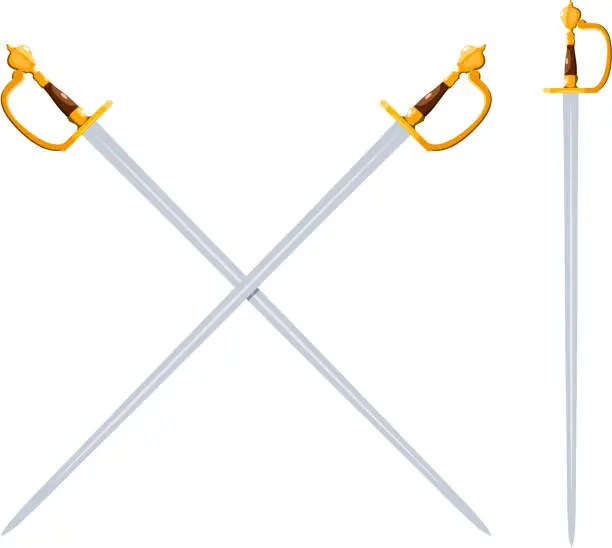 Vector illustration of Color image of two crossed swords on a white background. Vector illustration of swords in cartoon style