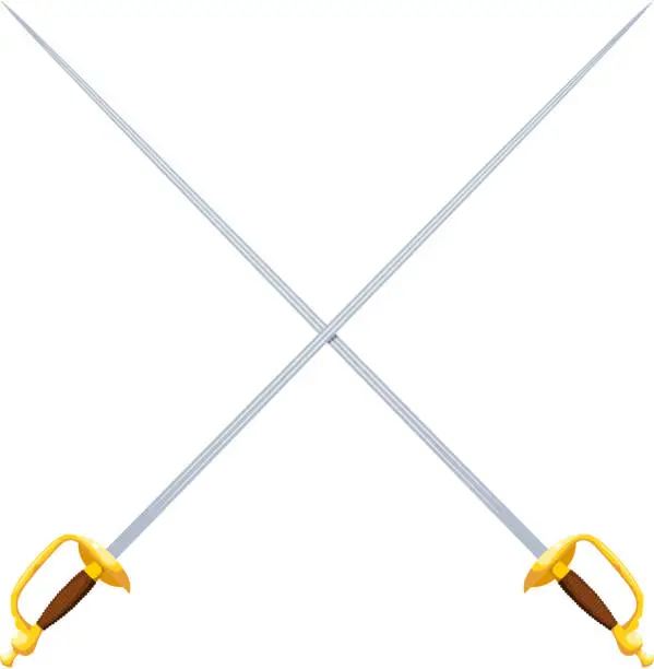 Vector illustration of Color image of two crossed swords on a white background. Vector illustration of swords in cartoon style