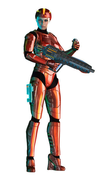 istock Futuristic warrior woman, armed with rifle, red metallic suit, 3d illustration 1095484932