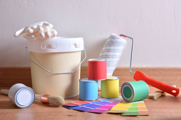 istock Painting tools for home on parquet with white wall background 1095489536