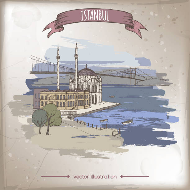 ilustraciones, imágenes clip art, dibujos animados e iconos de stock de ilustración de viaje de color de la vendimia con la mezquita de ortakoy y puente sobre el bósforo en estambul, turquía. boceto dibujado de la mano. - ortakoy mosque bridge bosphorus istanbul